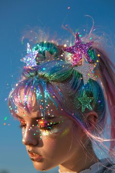 Bright Club Outfits, Cosmic Festival Outfit, Galaxy Festival Outfit, Colorful Festival Hair, Out Of This World Hairstyles, Disco Ball Hair, Space Buns Festival, 90s Neon Cosmic Carnival, Festival Hair Space Buns