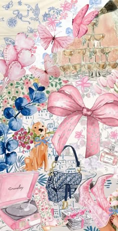 a collage of pink and blue items with bows, flowers, and other things