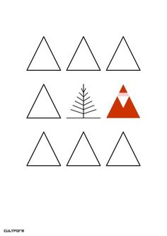 four triangles with trees in the middle and one triangle at the bottom, all different colors