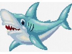 a cross stitch shark with teeth on it's chest and mouth, in the middle of