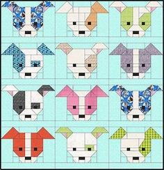 an image of a dog quilt pattern on the front of a blue background with many different colors