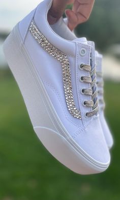 Customized Old Skool Vans with each Rhinestone set by hand and with shiny glitter laces for extra bling. *Choose your Mid Sole Style either (Stackform) or (Canvas Flat) Please allow about 1-2 weeks for shoes to be sent out based on how book I am. Double check size and address when placing order. If any questions please feel free to reach out to me Thank you! Diy Rhinestone Shoes, Sparkly Vans, Bedazzled Shoes Diy, Wedding Vans, Hoco 2024, Glitter Vans, Bedazzled Shoes, Tie Sneakers, Old Skool Vans