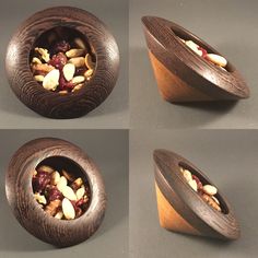 four pictures of nuts in a wooden bowl