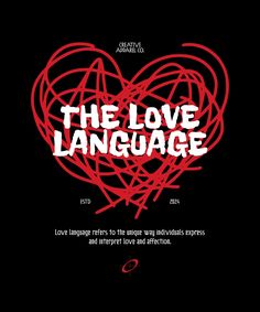 the love language is written in white on a black background with red and white lines