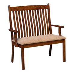 a wooden bench with an upholstered seat and armrests, on a white background