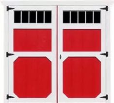 a red and white double door with bars on the top, and bottom paneling