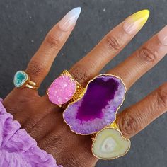 Black Independent Designers | Wolf & Badger Chalcedony Crystal, Bubble Gum Pink, Gold Statement Ring, How To Make Rings, Funky Jewelry, Unique Gemstones, Pinky Ring, Aqua Green, Bubblegum Pink