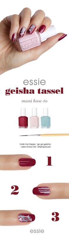 go geisha with our Japan travel-inspired fall shades and this simple, fun nail art design step 1: After a thin layer of essie base coat, apply two coats of maki me happy. step 2:Using a striping brush, apply thin stripes of go go geisha and udon know me vertically down the nail. step 3: Use the striping brush to create 1-2 small triangle tassels hanging on each of the lines. step 4: Seal with essie top coat. Pedicure Designs Fall, Japan Art Design, Essie Base Coat, Essie Top Coat, Fall Nail Polish Colors, Essie Nails, Fall Nail Polish, Gel Colors, New Nail Polish