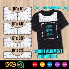 three t - shirts with measurements to measure them and the words, your design here