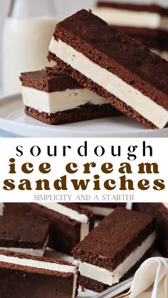 some brownies with white cream on them and the words sourdough ice cream sandwiches