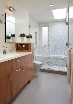 a bathroom with a sink, toilet and bathtub next to a walk in shower