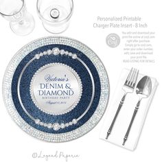 a blue and white dinner plate with silverware on it, surrounded by other place settings