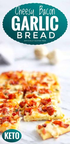 cheesey bacon garlic bread is cut into squares and placed on top of each other