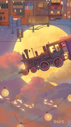 an illustration of a train flying through the sky