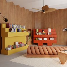 a living room filled with furniture and bookshelves next to a wall mounted book shelf