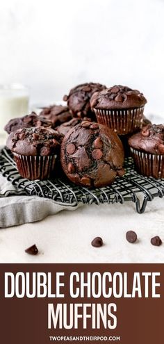 chocolate muffins on a plate with milk in the background and text overlay that reads double chocolate muffins