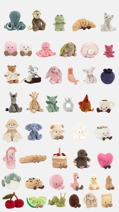 an assortment of stuffed animals are arranged in rows on a white background with the words,