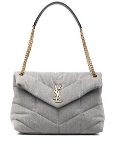 Grey Ysl Bag, Denim Shoulder Bag, Gray Handbags, Denim Shoulder Bags, Ysl Logo, Grey Bag, Handbag Heaven, Luxury Purses, Designer Shoulder Bags