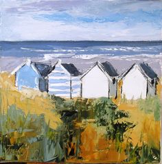 an oil painting of beach huts on the sand by the ocean with blue skies in the background