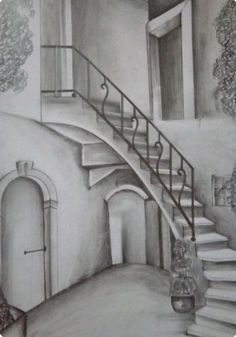 a drawing of a staircase and potted plants