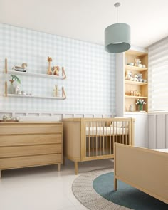 a baby's room with a crib, dresser and changing table in it