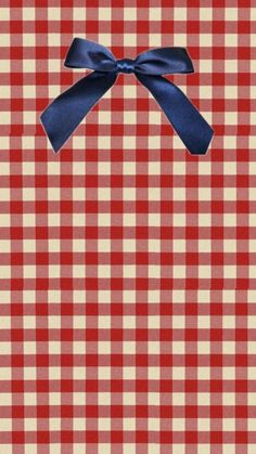 a red and white checkered table cloth with a blue bow on it's side