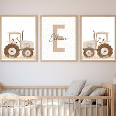 a baby's nursery room with two pictures on the wall and a crib