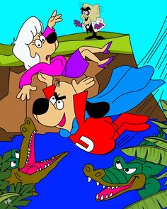 cartoon characters diving in the water with alligators and crocodiles around them on a sunny day