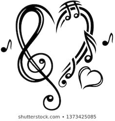 musical notes in the shape of a heart with trebles and hearts on white background