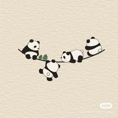 three pandas hanging on a branch with leaves