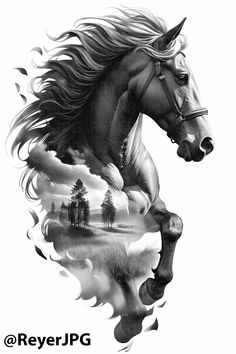 a black and white drawing of a horse