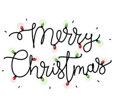 the words merry christmas written in black ink on a white background with red and green dots