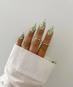 Cute Gel Nails, Best Acrylic Nails, Flower Nails, Cute Acrylic Nails, Green Nails