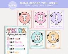 four thank cards with the words think before you speak and then, it's okay to