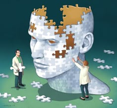 two people standing in front of a giant piece of jigsaw puzzle with the head of a man