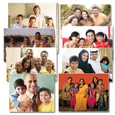 multiple pictures of people and children in different poses, with one child holding an adult