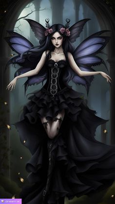 a woman in black dress with purple wings