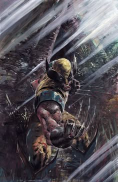 a painting of wolverine in the rain with his claws out and one hand on his chest