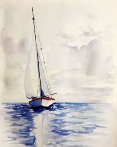 a watercolor painting of a sailboat in the ocean