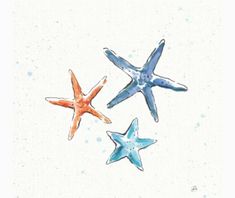 three starfishs in the water on a white background with blue and orange colors