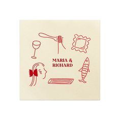 a card with the words maria & richard on it and various items in red ink