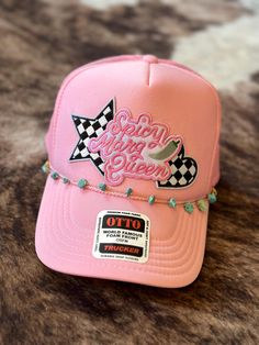 Introducing the "Spicy Margs" trucker hat in pink, a stylish and practical accessory for any occasion. This hat is perfect for those who want to add a touch of personality to their outfit while also keeping the sun out of their eyes. The pink design is trendy and fashionable, making it a great addition to any wardrobe. Whether you're going for a casual look or need a hat for a specific occasion, the "Spicy Margs" trucker hat is a great choice. It's perfect for outdoor activities, such as hiking Cheap Pink Cotton Snapback Hat, Cheap Pink Trucker Hat For Summer, Cheap Fun Trucker Hat With Letter Print, Cheap Trucker Hat With Letter Patch Snapback, Spicy Margs, Pink Design, Trucker Cap, The Pink, Plein Air