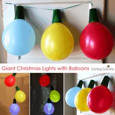 christmas lights with balloons hanging from them in various colors and sizes, including red, yellow, blue, green