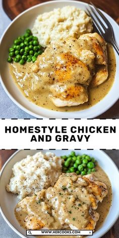 two plates with chicken and gravy on them, one has peas and the other has mashed potatoes