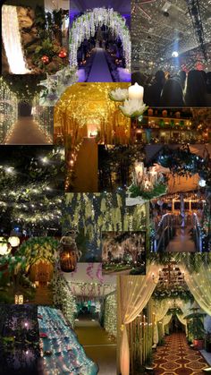 a collage of photos with lights and trees in the background at an indoor event