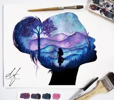 a watercolor painting of a woman's head with trees and mountains in the background