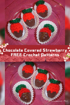 chocolate covered strawberries are sitting on top of each other in paper cups with red and green decorations