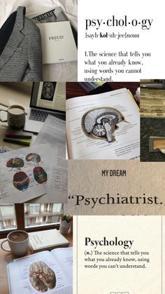 a collage of photos with words and pictures on them that include books, papers, coffee mugs, an image of a man's brain