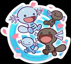 an image of three cartoon animals on a black and blue background with hearts around them