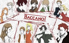 anime characters with the word baccano written on them in red and black letters